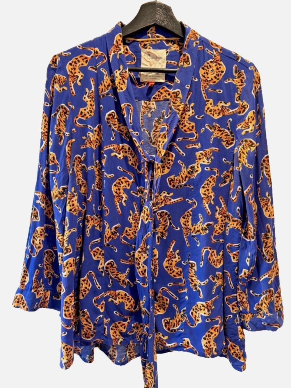 Anthropologie Blue Leopard-Print Tie-Neck Women's Blouse - Picture 2 of 4